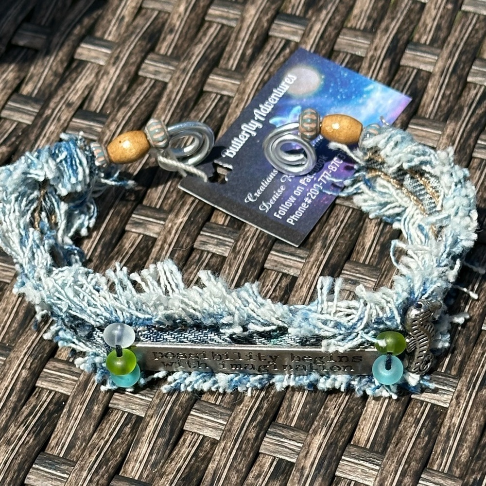 Hand Sewn Blue Jean Cuff Bracelet - Picture 3 of 5